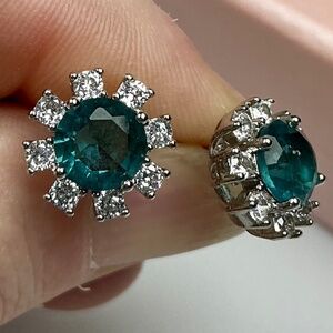 Teal Green CZ Diamond Halo Stud Earrings